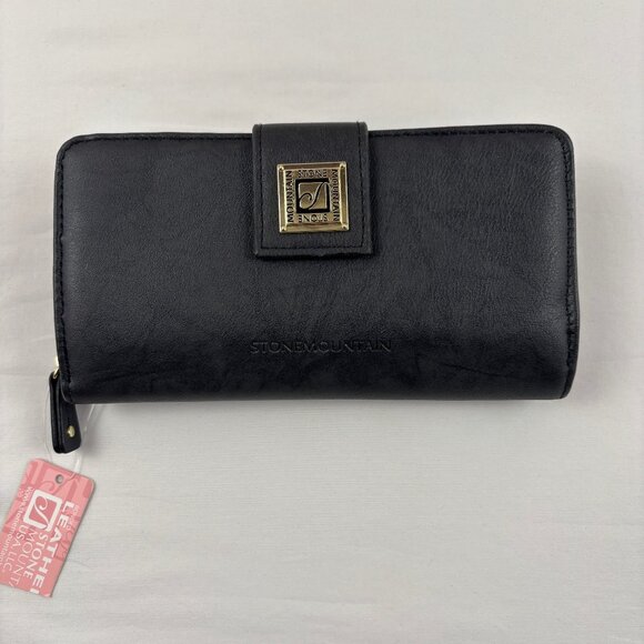 Stone Mountain Black Bonded Leather Wallet Checkbook Bifold Zip Around - Picture 2 of 11